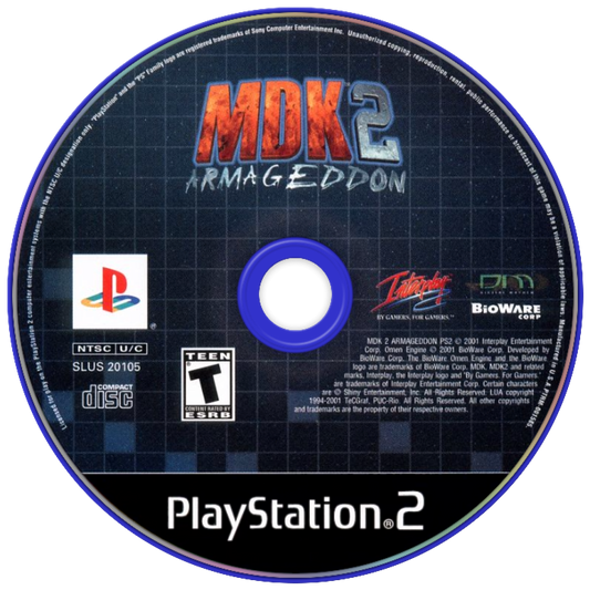 MDK 2 Armageddon PS2 Sony PlayStation 2 action shooter platformer sci fi third person combat quirky humor multiple playable characters sniper gameplay puzzle solving alien invasion story BioWare fast paced action retro gaming PlayStation 2 software video game title disc