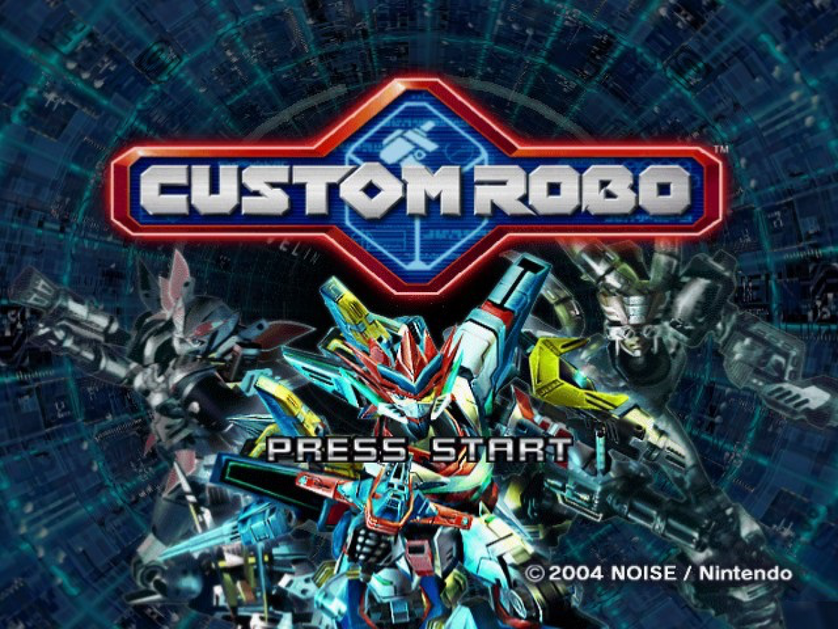 Custom Robo for GameCube, title screen for a sci-fi action fighting video game with customizable robots, arena battles, anime-style combat, and multiplayer mech gameplay