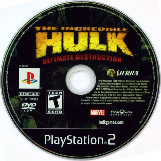 The Incredible Hulk: Ultimate Destruction – PlayStation 2 (PS2) video game disc, open-world action superhero game.
