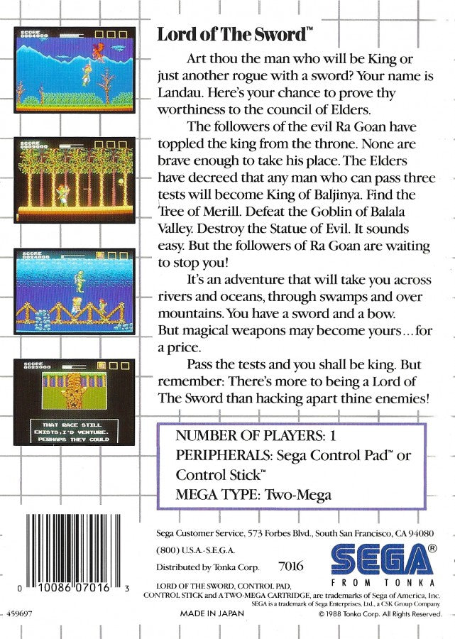 Lord of the Sword Sega Master System SMS for action adventure video game fans featuring medieval fantasy combat side scrolling exploration sword fighting enemy battles challenging stages powerful weapons boss encounters and classic Sega Master System gameplay collectible retro gaming appeal back cover art