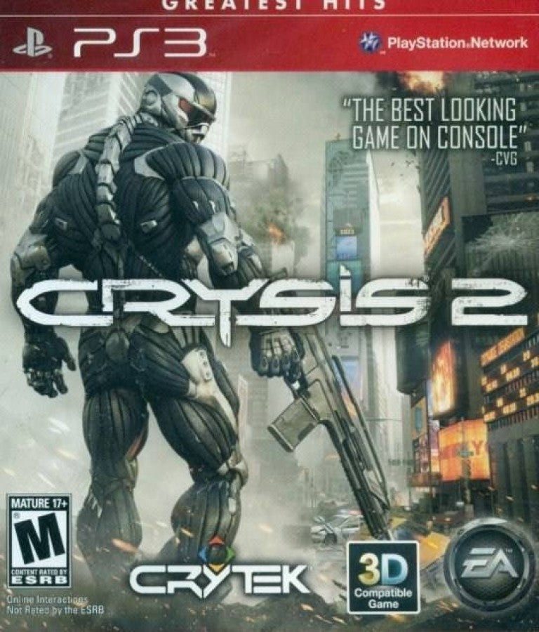 Crysis 2 Greatest Hits PlayStation 3 PS3 for retro video game enthusiasts featuring first person shooter gameplay futuristic nanosuit abilities stealth and combat mechanics urban sci fi warfare cinematic campaign missions and collectible gaming appeal front cover