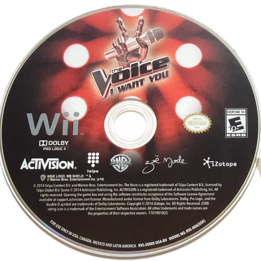 The Voice: I Want You disc art for Nintendo Wii (Wii) featuring karaoke party gameplay with motion‑controlled singing, hit songs from the TV show, and competitive performances