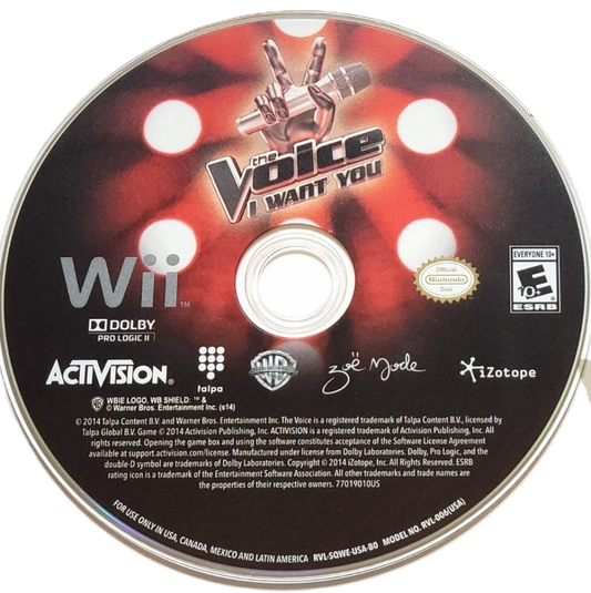 The Voice: I Want You disc art for Nintendo Wii (Wii) featuring karaoke party gameplay with motion‑controlled singing, hit songs from the TV show, and competitive performances