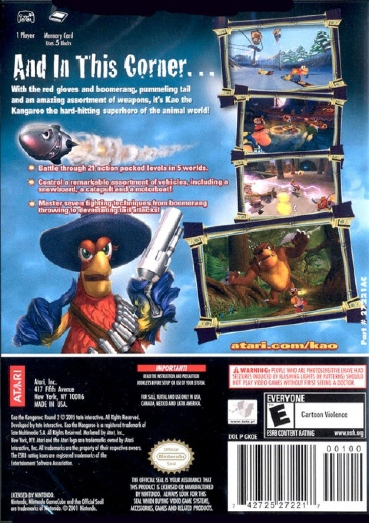 Kao the Kangaroo Round 2 for GameCube featuring colorful 3D platforming action and cartoon style adventure back cover art