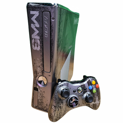 Xbox 360 S Console Modern Warfare 3 Edition 250GB with Official Controller Good Condition gaming system featuring Call of Duty Modern Warfare 3 themed design 250GB storage Xbox 360 S hardware official controller included HDMI gaming support wireless gameplay and classic Xbox 360 gaming console collectible appeal console and controller