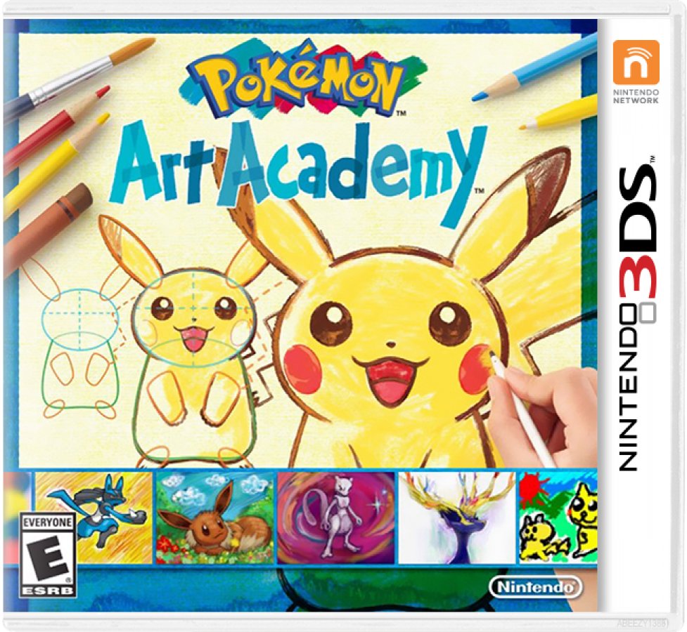 Pokémon Art Academy game cover for Nintendo 3DS with Pikachu and drawing tools.