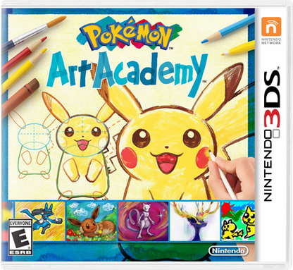 Pokémon Art Academy game cover for Nintendo 3DS with Pikachu and drawing tools.