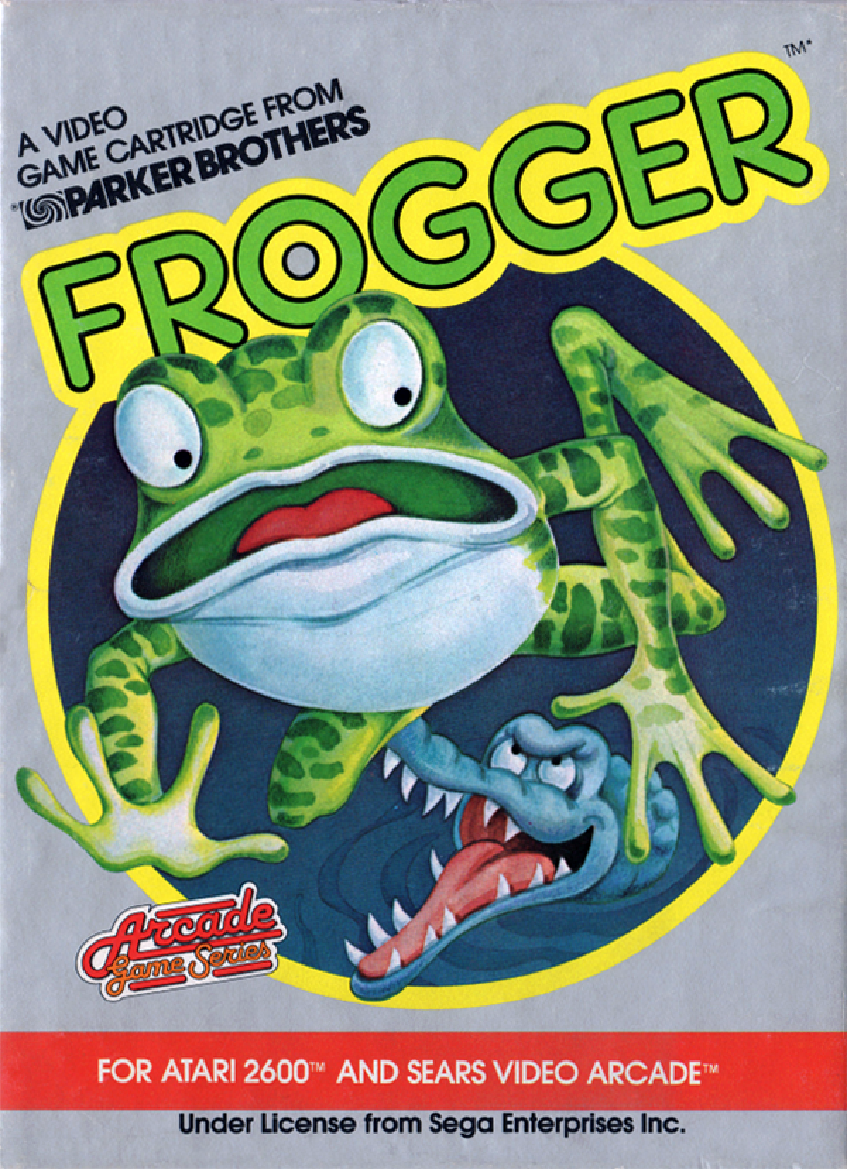 Frogger for Atari 2600, cover image for an arcade action video game with obstacle-dodging gameplay, river crossing challenges, retro reflex-based action, and classic score-chasing fun