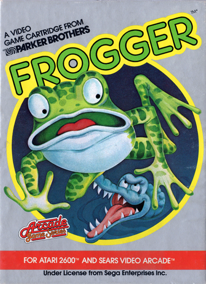 Frogger for Atari 2600, cover image for an arcade action video game with obstacle-dodging gameplay, river crossing challenges, retro reflex-based action, and classic score-chasing fun