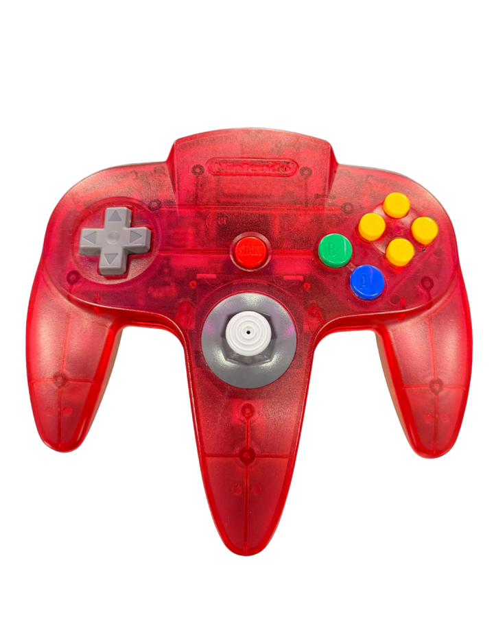 Front view of clear and red Nintendo 64 controller original wired gaming accessory