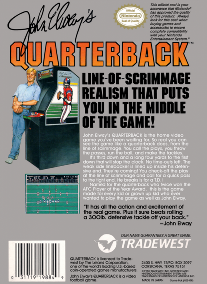 John Elway's Quarterback back of box for Nintendo Entertainment System (NES) retro video game