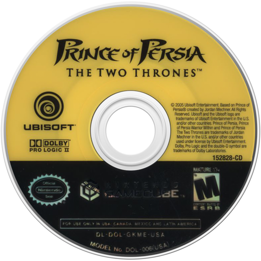 Prince of Persia The Two Thrones Nintendo GameCube game featuring action adventure gameplay with dual wield combat stealth mechanics acrobatic platforming and a story following the Prince as he battles his dark alter ego in a war torn Babylon disc