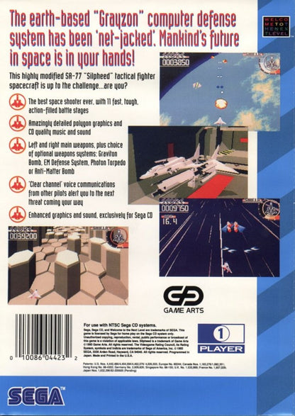 Silpheed Sega CD space shooter shoot em up shmup polygonal background graphics anime style sci fi combat fast paced arcade gameplay spaceship dogfights enhanced CD audio Game Arts retro gaming Sega CD software video game title back cover art