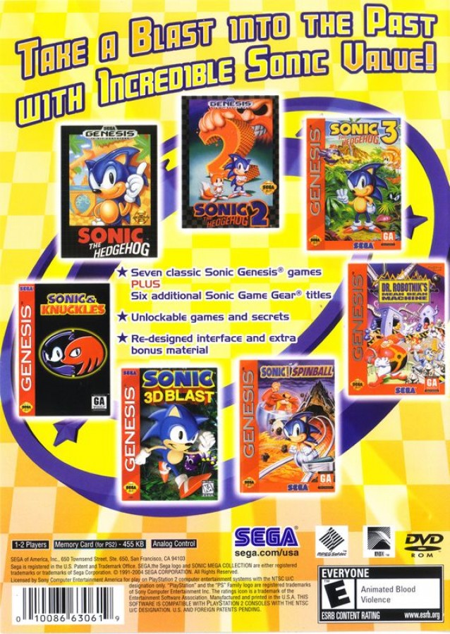 Sonic Mega Collection Plus – PlayStation 2 (PS2) video game back of case, platformer and compilation.