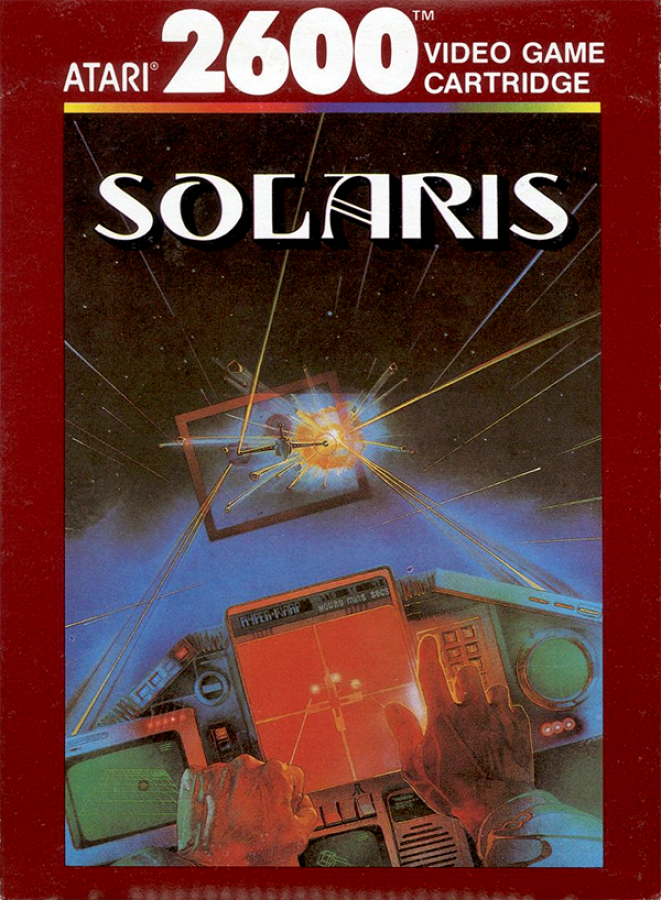 Solaris retro Atari 2600 video game featuring sci fi space combat, open world exploration, arcade shooter gameplay and classic Atari console adventure - cover art