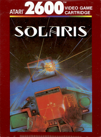 Solaris retro Atari 2600 video game featuring sci fi space combat, open world exploration, arcade shooter gameplay and classic Atari console adventure - cover art