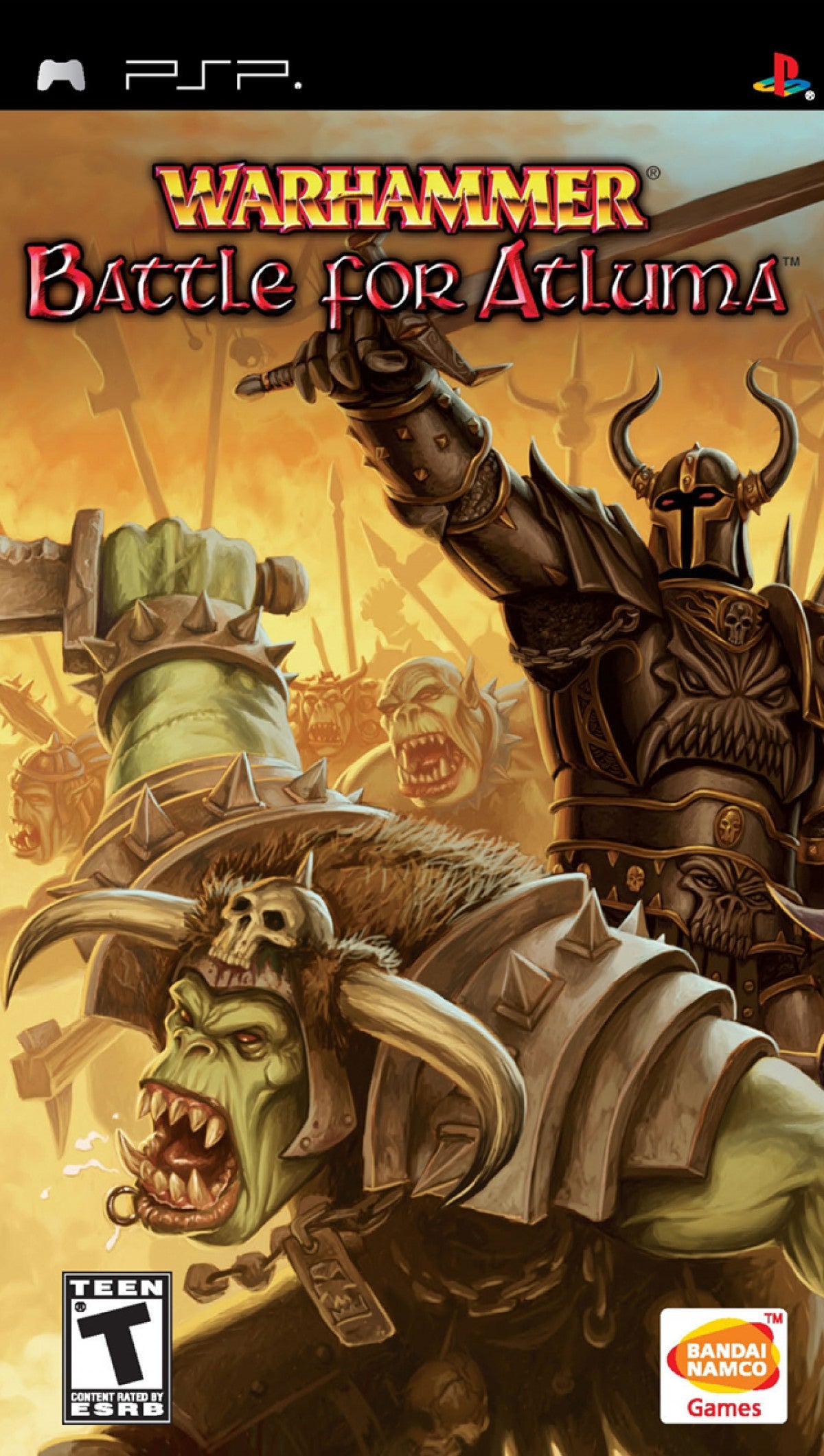 Warhammer Battle for Atluma PlayStation Portable PSP inspired design featuring strategic card based combat aesthetic Warhammer fantasy universe factions tactical deck building gameplay turn based battles dark fantasy artwork and portable strategy gaming presentation front cover