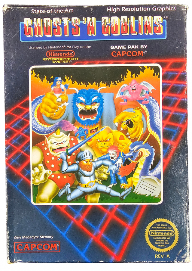 Ghosts n Goblins Nintendo Entertainment System NES video game featuring action platforming gameplay Arthur knight adventure monster battles haunted environments weapon attacks challenging levels boss fights and classic 8 bit Nintendo gameplay retro video game collection collectible gaming appeal front cover art