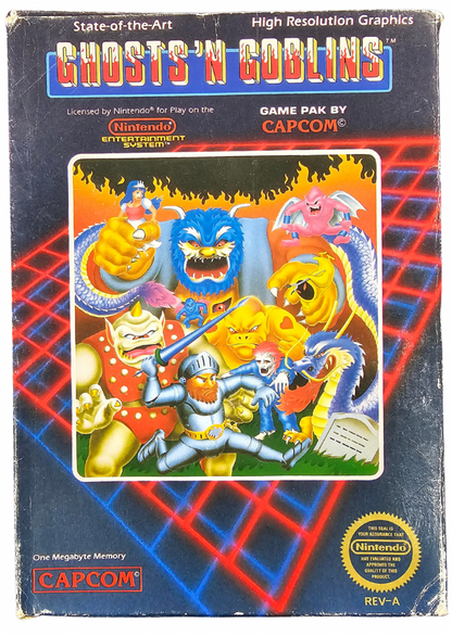 Ghosts n Goblins Nintendo Entertainment System NES video game featuring action platforming gameplay Arthur knight adventure monster battles haunted environments weapon attacks challenging levels boss fights and classic 8 bit Nintendo gameplay retro video game collection collectible gaming appeal front cover art
