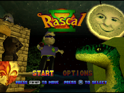 Rascal 3D platformer video game for the original Sony PlayStation (PS1), featuring the mischievous time-traveling hero Rascal as he uses his bubble gun to battle enemies, explore different time periods, solve puzzles, collect items, and rescue his kidnapped inventor father across medieval castles, Atlantis, pirate ships, prehistoric worlds, the Wild West, and the Time Dimension start screen