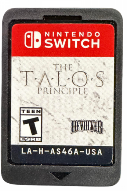 The Talos Principle Nintendo Switch inspired design featuring philosophical first person puzzle adventure aesthetic ancient ruins futuristic simulation environment logic based challenges thought provoking narrative exploration atmospheric sci fi presentation cartridge