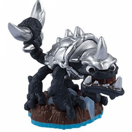 Dark Slobber Tooth Skylanders Swap Force figure, earth element dinosaur-like creature with dark color scheme, rocky armor and large teeth, posed in battle stance, detailed collectible toy on portal base from Skylanders Swap Force series