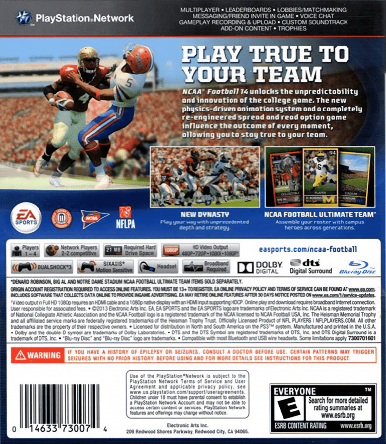 NCAA Football 14 back cover art for PlayStation 3 PS3 video game