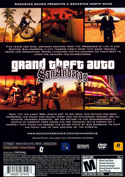 Grand Theft Auto San Andreas PlayStation 2 open-world action-adventure video game Rockstar Games CJ Carl Johnson returning home Los Santos San Fierro Las Venturas gang warfare missions exploration vehicle hijacking customization RPG elements 90s setting crime saga back cover