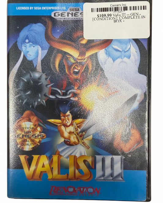 Valis III Sega Genesis GEN for retro video game enthusiasts featuring side scrolling action platforming gameplay anime inspired fantasy adventure sword combat magical abilities multiple playable characters challenging enemies colorful stages and collectible gaming appeal cover art 