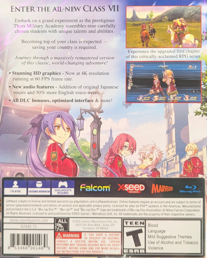 The Legend of Heroes Trails of Cold Steel PS4 game featuring deep JRPG storytelling, turn-based combat, and an expansive fantasy academy adventure back cover