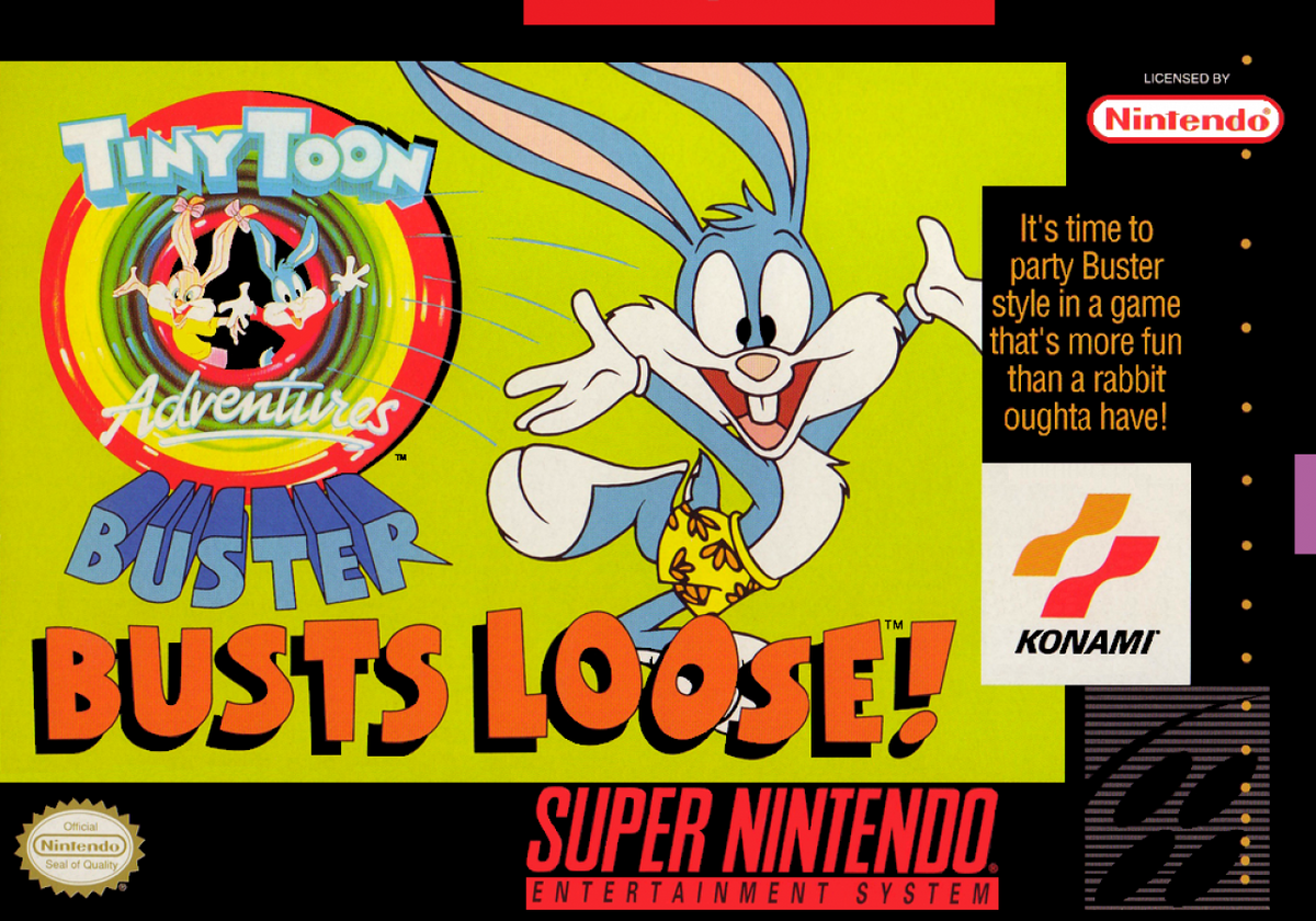 Tiny Toon Adventures Buster Busts Loose Super Nintendo Entertainment System SNES video game featuring action platforming gameplay Buster Bunny character cartoon adventure colorful environments enemy encounters obstacle courses jumping challenges and classic 16 bit Nintendo gameplay retro video game collection collectible gaming appeal front cover art