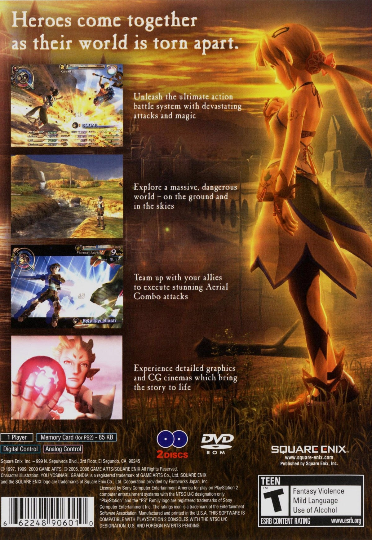 Grandia III PlayStation 2 PS2 role playing video game featuring turn-based combat epic fantasy adventure colorful characters magical attacks strategic battles exploration character development powerful abilities and classic PlayStation 2 PS2 gameplay collectible retro gaming appeal back cover art