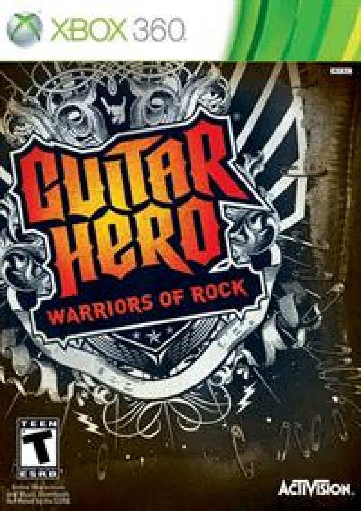 Guitar Hero Warriors of Rock Xbox 360 for rhythm music video game fans featuring guitar and band gameplay rock songs challenging note charts career quests multiplayer modes instrument controller support star power and high energy musical performances collectible gaming appeal front