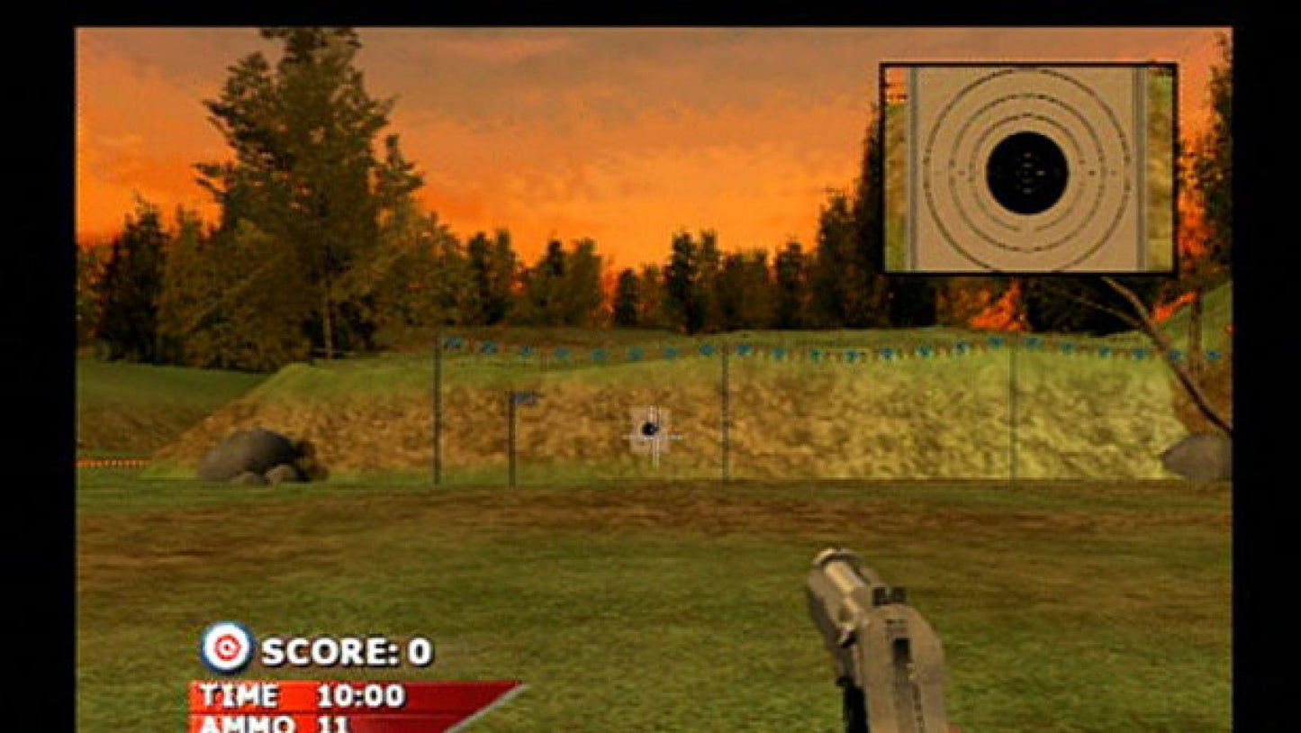 NRA Gun Club – PlayStation 2 (PS2) video game gameplay, first-person shooting sports simulation game.