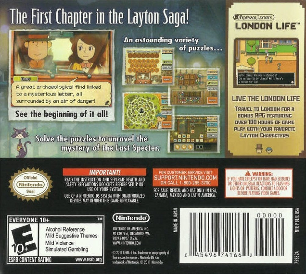 Professor Layton and the Last Specter Nintendo DS puzzle adventure game prequel series Layton back cover art