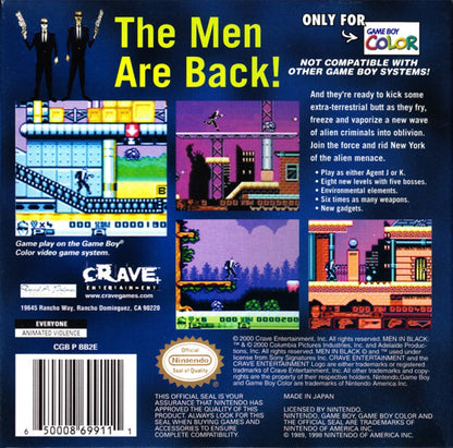 Men in Black The Series 2 for Game Boy Color, back of case for an action-adventure video game with alien combat, side-scrolling gameplay, mission-based levels, and sci-fi action