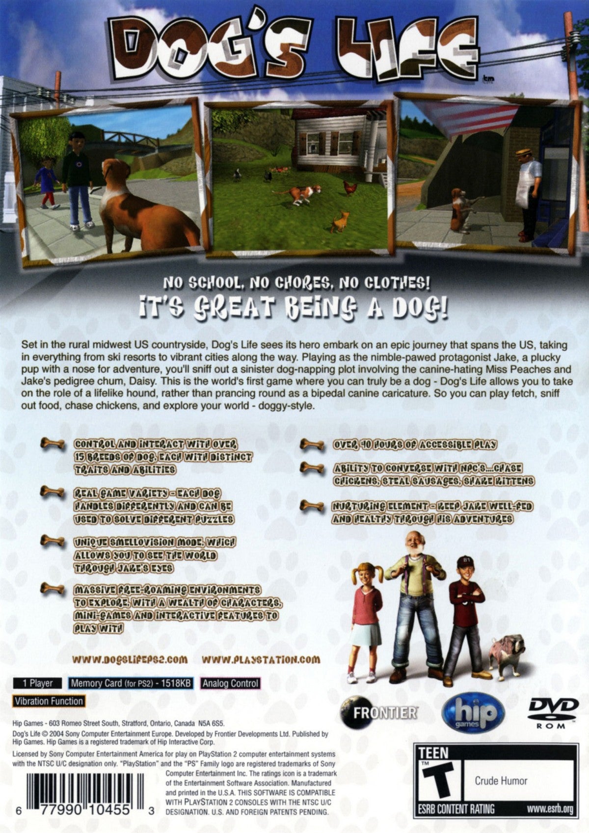 Dog’s Life PlayStation 2 PS2 video game, action adventure platformer, dog-themed exploration and mini-games, classic console title back cover