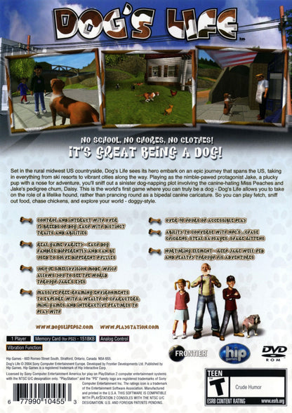 Dog’s Life PlayStation 2 PS2 video game, action adventure platformer, dog-themed exploration and mini-games, classic console title back cover