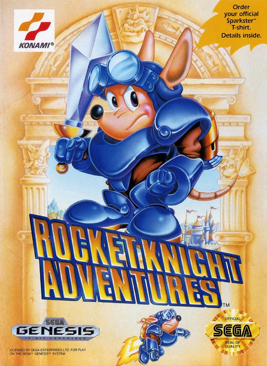 Rocket Knight Adventures Sega Genesis GEN video game featuring action platforming gameplay Sparkster rocket powered movement sword combat enemy battles colorful fantasy environments challenging stages boss fights and classic 16 bit Sega gameplay retro video game collection collectible gaming appeal front cover art