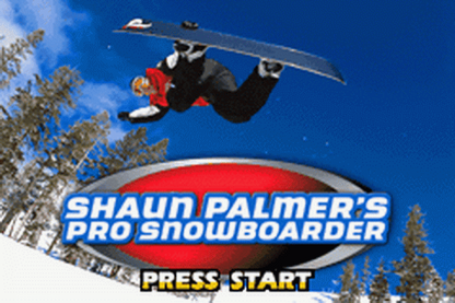 Shaun Palmer’s Pro Snowboarder for Game Boy Advance (GBA), start screen for a retro video game featuring snowboarding gameplay, trick-based challenges, downhill racing, extreme sports action, and arcade-style competition
