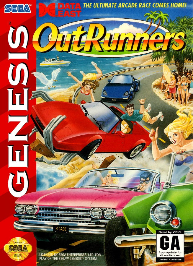 OutRunners Sega Genesis GEN for retro video game enthusiasts featuring arcade racing gameplay high speed driving colorful international tracks branching routes competitive multiplayer action stylish sports cars and collectible gaming appeal cover art 