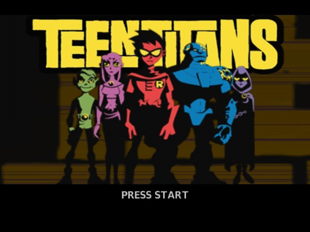 Game title screen for Teen Titans GameCube GC video game, action adventure, beat ’em up gameplay, DC Comics superheroes, multiplayer, classic Nintendo GameCube title