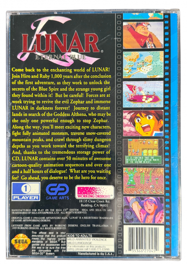 Lunar Eternal Blue Sega CD JRPG role playing game anime style fantasy adventure Working Designs turn based combat story driven sequel classic RPG cutscenes voice acting retro gaming Sega CD software video game title back cover art