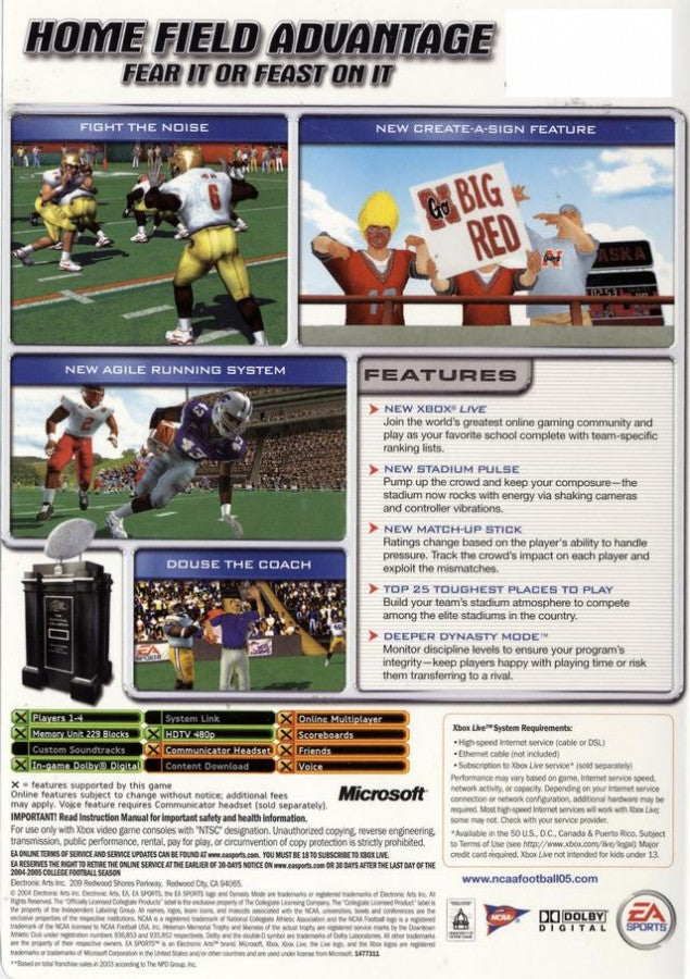 NCAA Football 2005 back cover art for Xbox (XBOX) video game