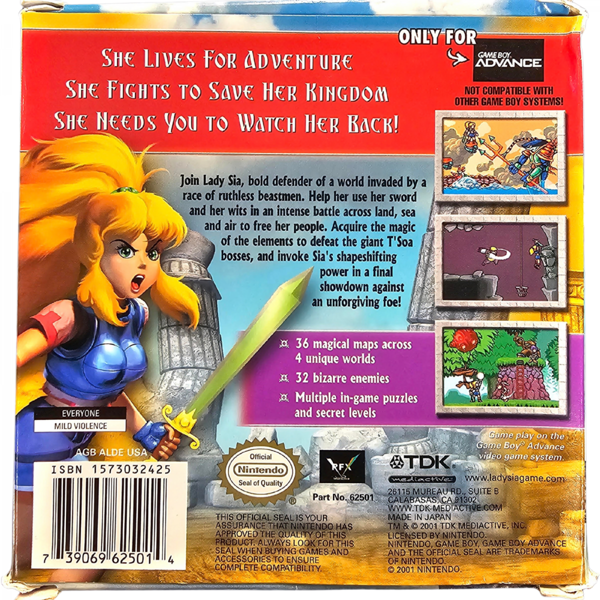 Lady Sia Game Boy Advance GBA video game Complete In Box CIB Missing Post Card featuring action platforming gameplay fantasy adventure exploration colorful environments enemy battles magical abilities challenging levels and classic handheld Nintendo gameplay retro video game collection collectible gaming appeal back cover art