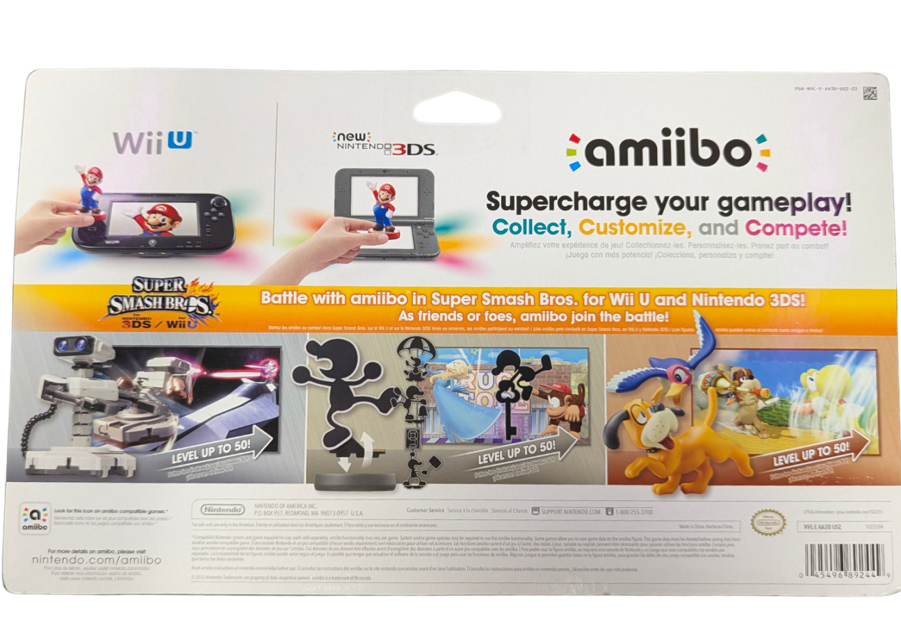 Retro 3 Pack Amiibos [Sealed] for Nintendo Amiibo featuring a collectible three figure set in original unopened packaging; scan compatible amiibo to unlock in game extras and display these retro themed characters as a sealed collector item back of box