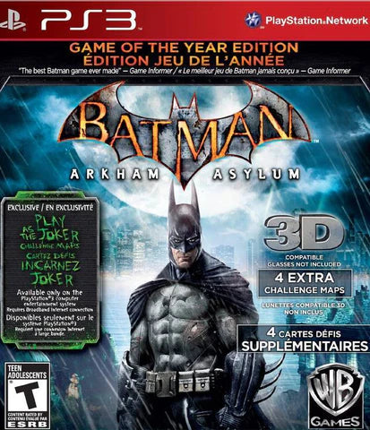 Batman Arkham Asylum Game of the Year Edition PS3 featuring superhero action gameplay with Dark Knight cover art