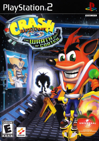 Crash Bandicoot The Wrath of Cortex disc for the PlayStation 2 featuring 3D platforming gameplay with colorful levels spinning attacks boss battles and classic Crash Bandicoot action across varied environments cover art
