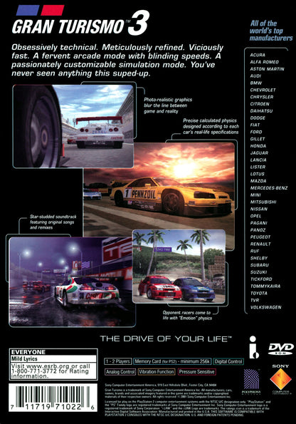 Gran Turismo 3 A Spec PS2 Sony PlayStation 2 racing simulation game car racing simulator driving realism motorsport Gran Turismo series Polyphony Digital classic racing game retro PlayStation 2 software driving game title back cover art