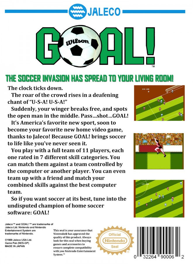 Goal! cartridge for the Nintendo Entertainment System featuring 8 bit soccer gameplay with international teams fast paced matches and arcade style sports action back cover